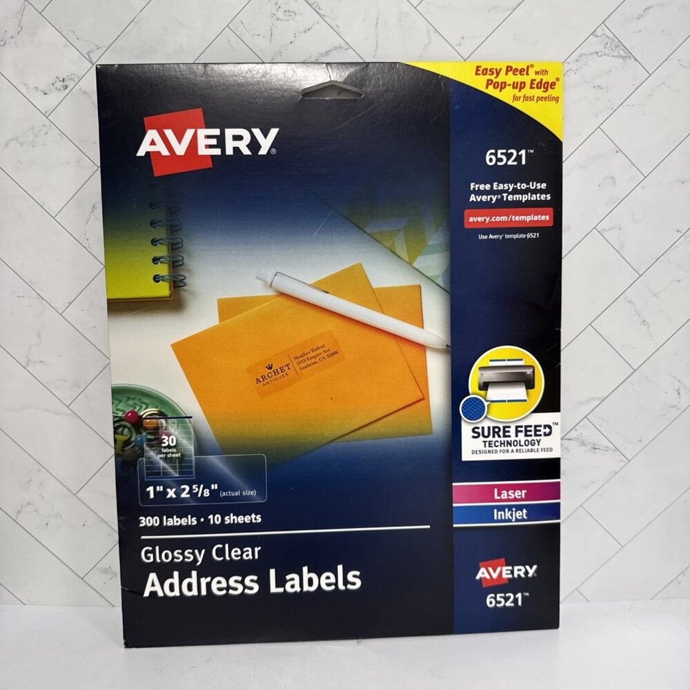 Avery 6521 Mailing Labels Address 1"x2-5/8" 300/PK Glossy Clear
